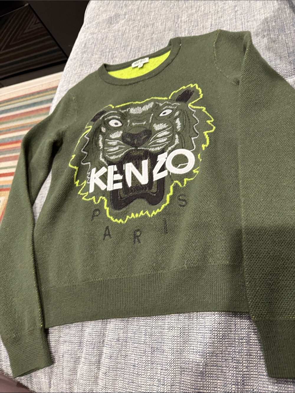 KENZO Olive Green Crewneck Sweater with Neon-Outlined Tiger